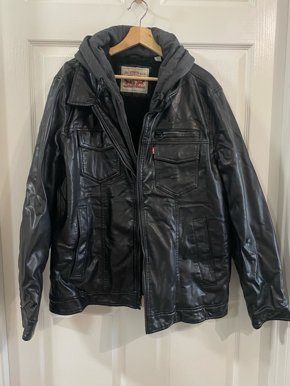 Levi's men's XL classic hooded sherpa trucker jacket Faux Leather Country Moto